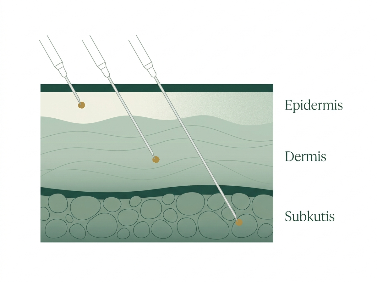 Infografik: Querschnitt der Hautschichten Epidermis, Dermis und Subkutis mit Markierung der typischen Injektionstiefen